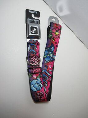 New Dog Collar 18 to 32 Inches 1.5" Wide Seatbelt Buckle Love Purple Large Dogs